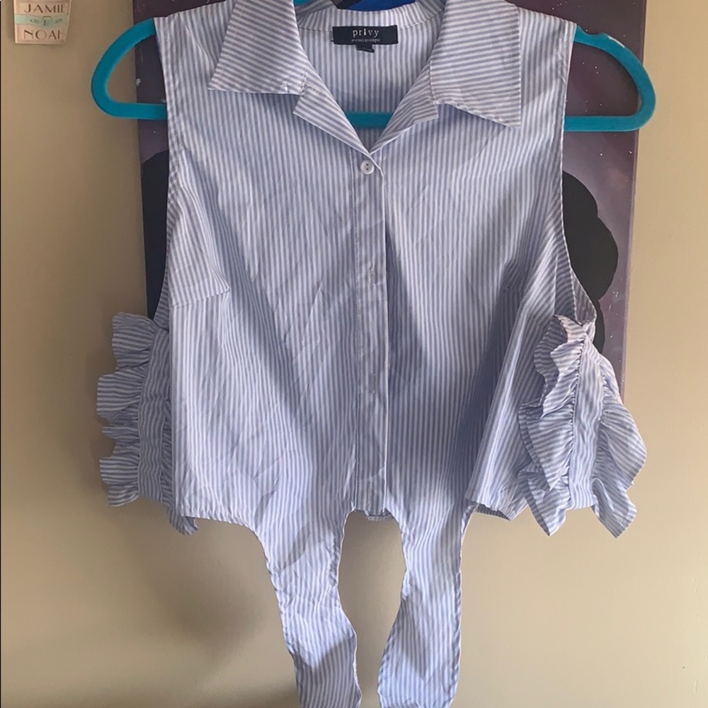 Blue and white striped button down crop top